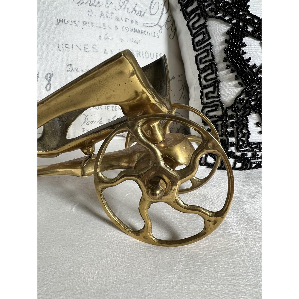 Vintage Brass Wheeled Wine Bottle Holder Trivet Stand Rolling Decor Wheelbarrow - Picture 3 of 7
